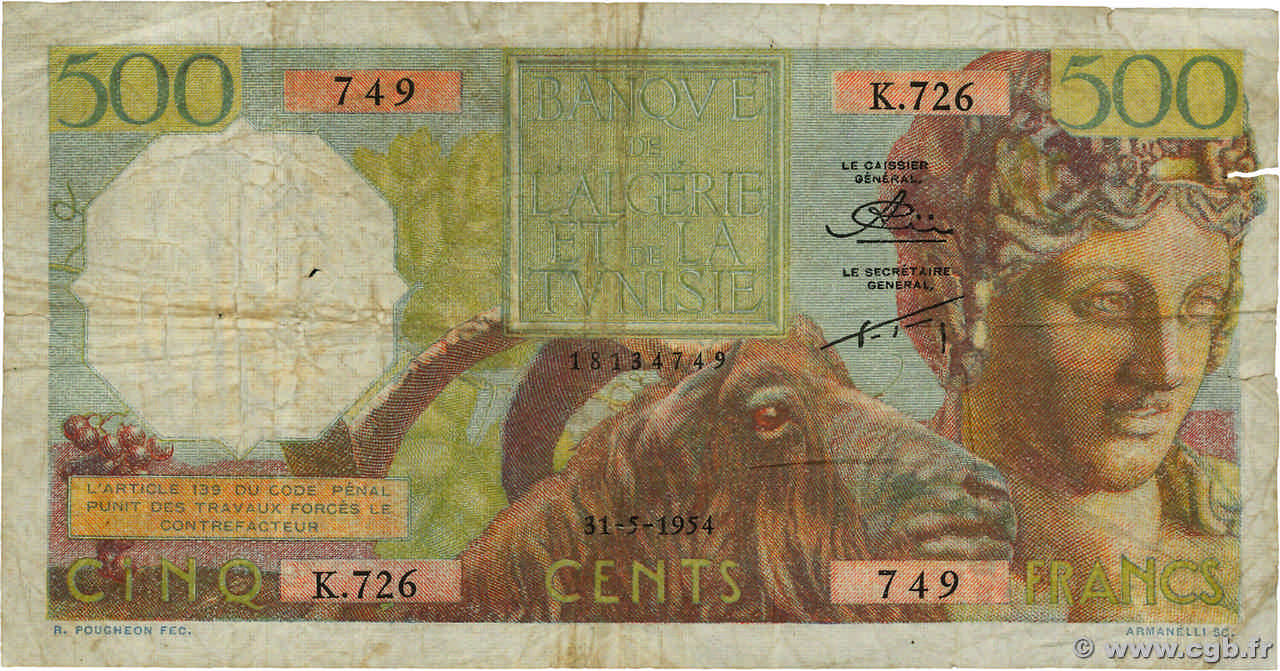500 Francs ALGÉRIE  1954 P.106 TB