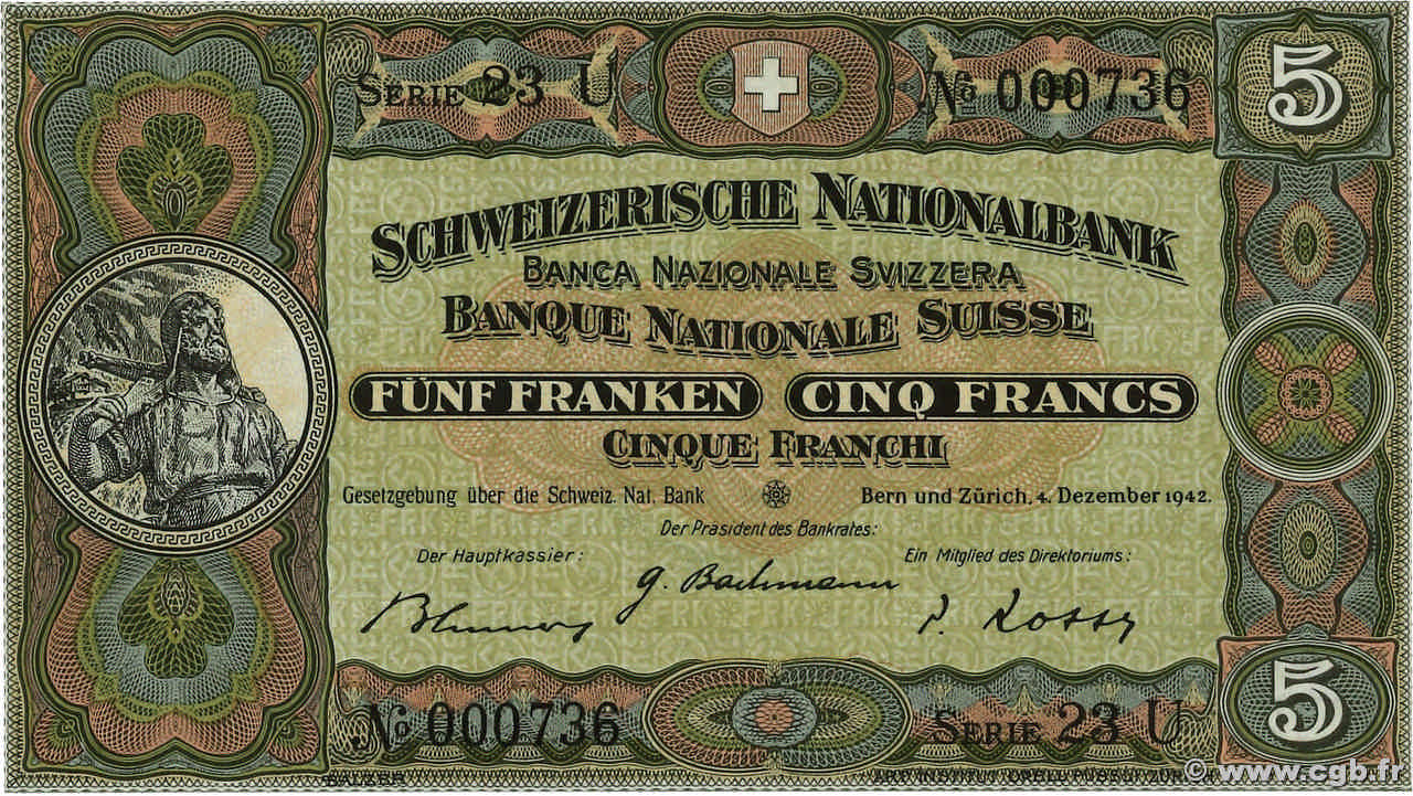 5 Francs SUISSE  1942 P.11j pr.NEUF