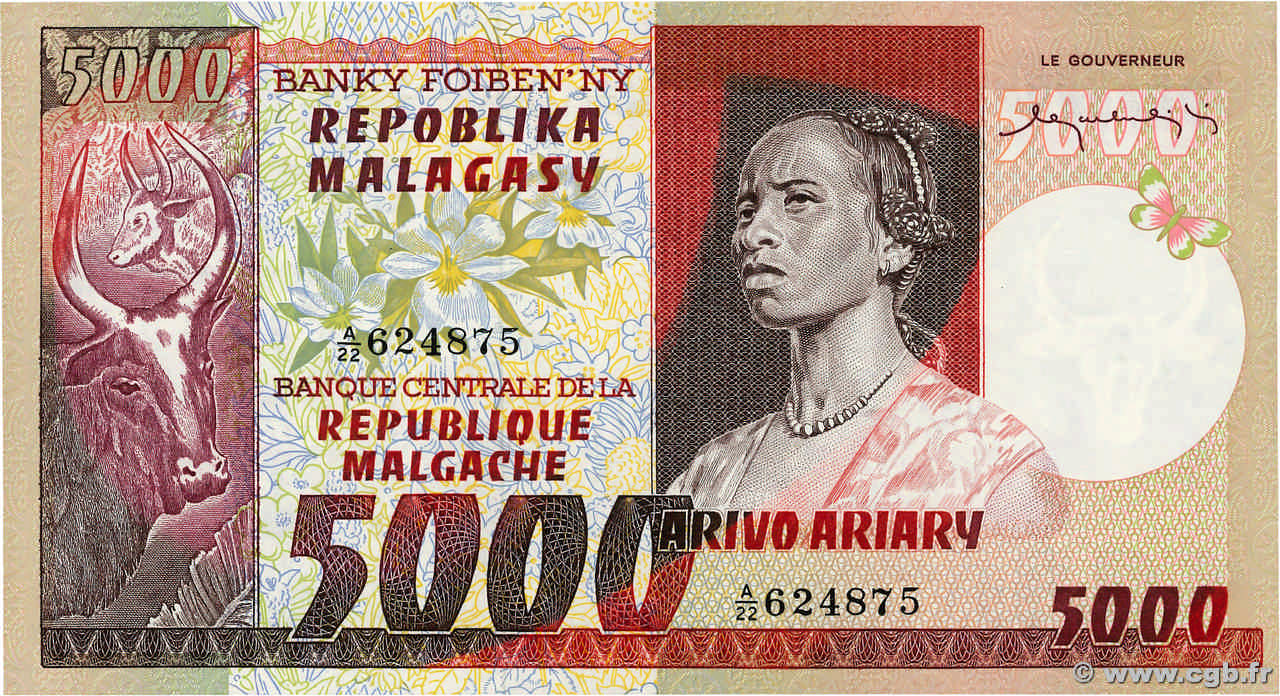5000 Francs - 1000 Ariary MADAGASCAR  1974 P.066a SPL