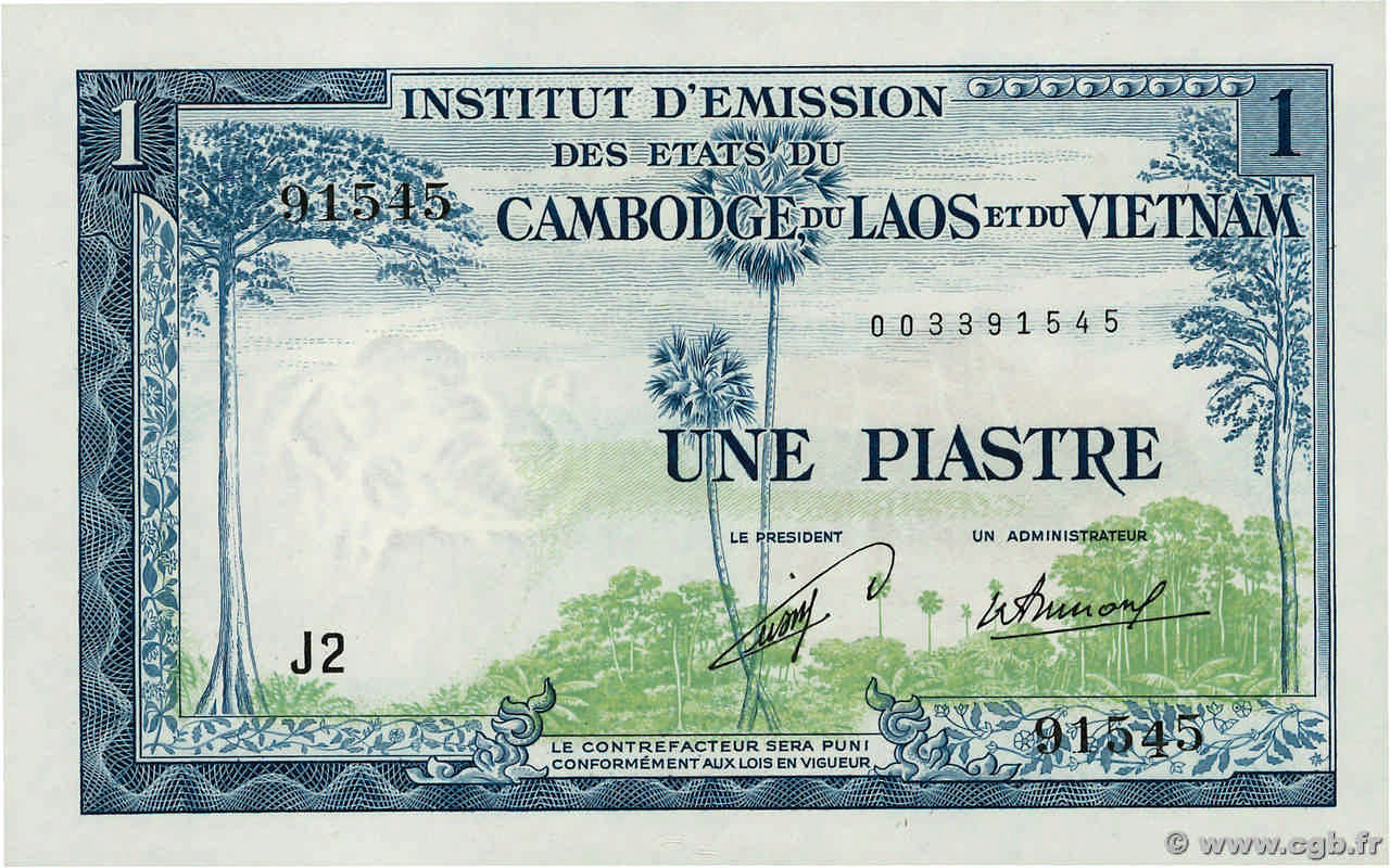 1 Piastre - 1 Kip FRENCH INDOCHINA  1954 P.100 UNC