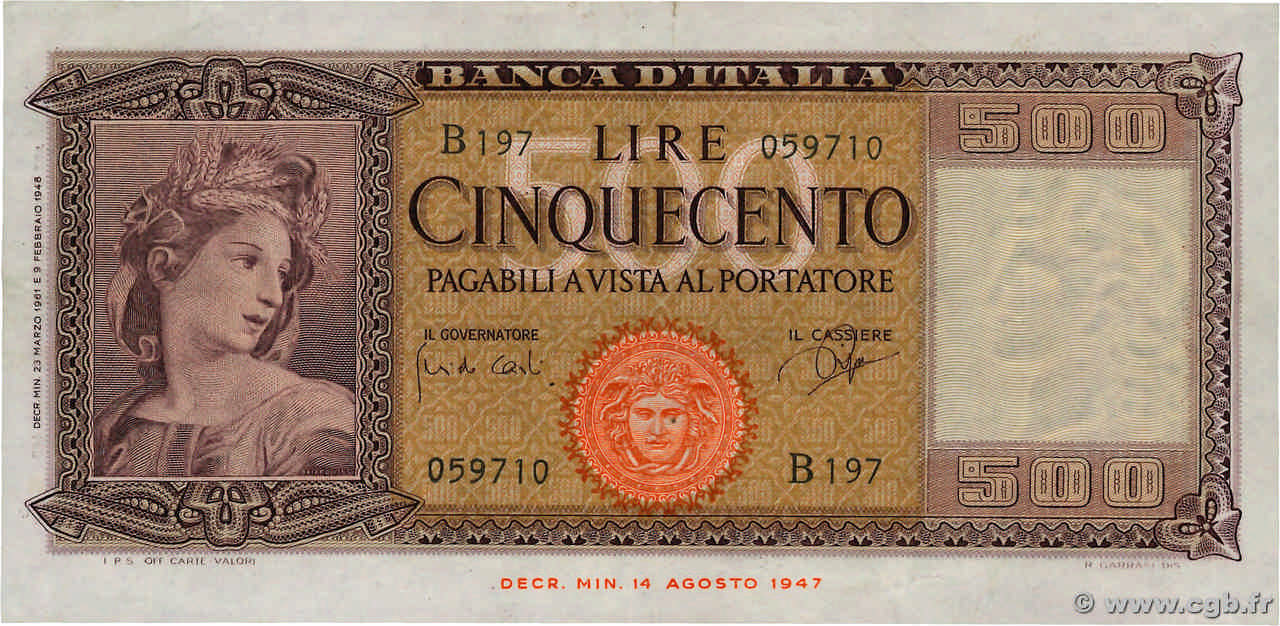 500 Lire ITALY  1961 P.080b VF