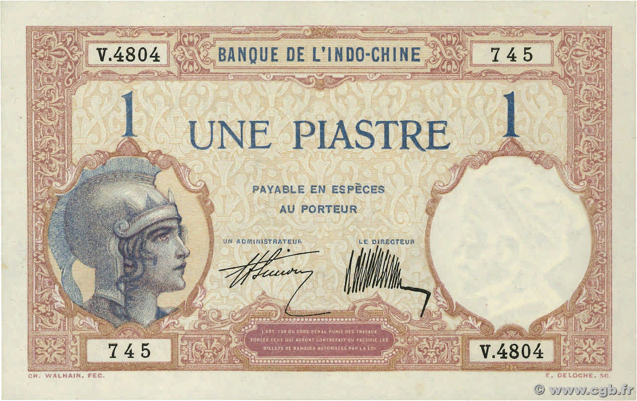 1 Piastre INDOCHINE FRANÇAISE  1927 P.048b NEUF