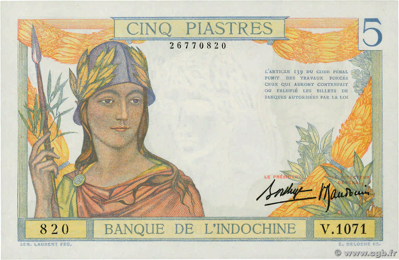 5 Piastres INDOCHINE FRANÇAISE  1936 P.055b NEUF