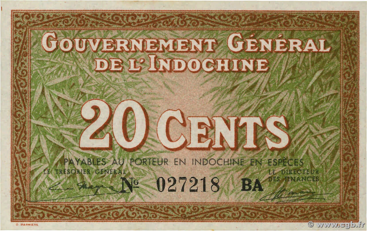 20 Cents INDOCHINE FRANÇAISE  1939 P.086c NEUF