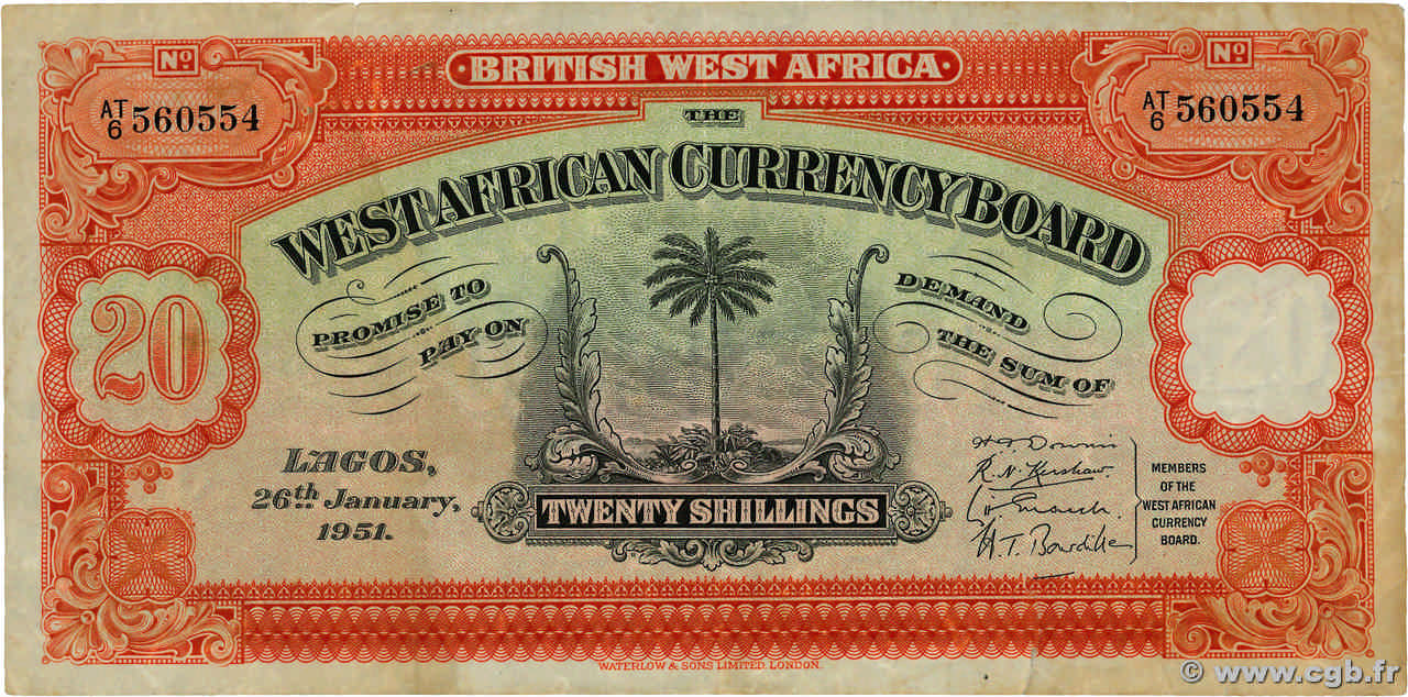 20 Shillings AFRIQUE OCCIDENTALE BRITANNIQUE  1951 P.08b TTB