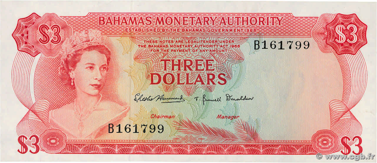 3 Dollars BAHAMAS  1968 P.28a SPL