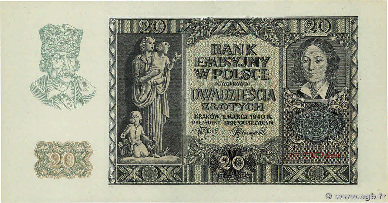 20 Zlotych POLOGNE  1940 P.095 NEUF