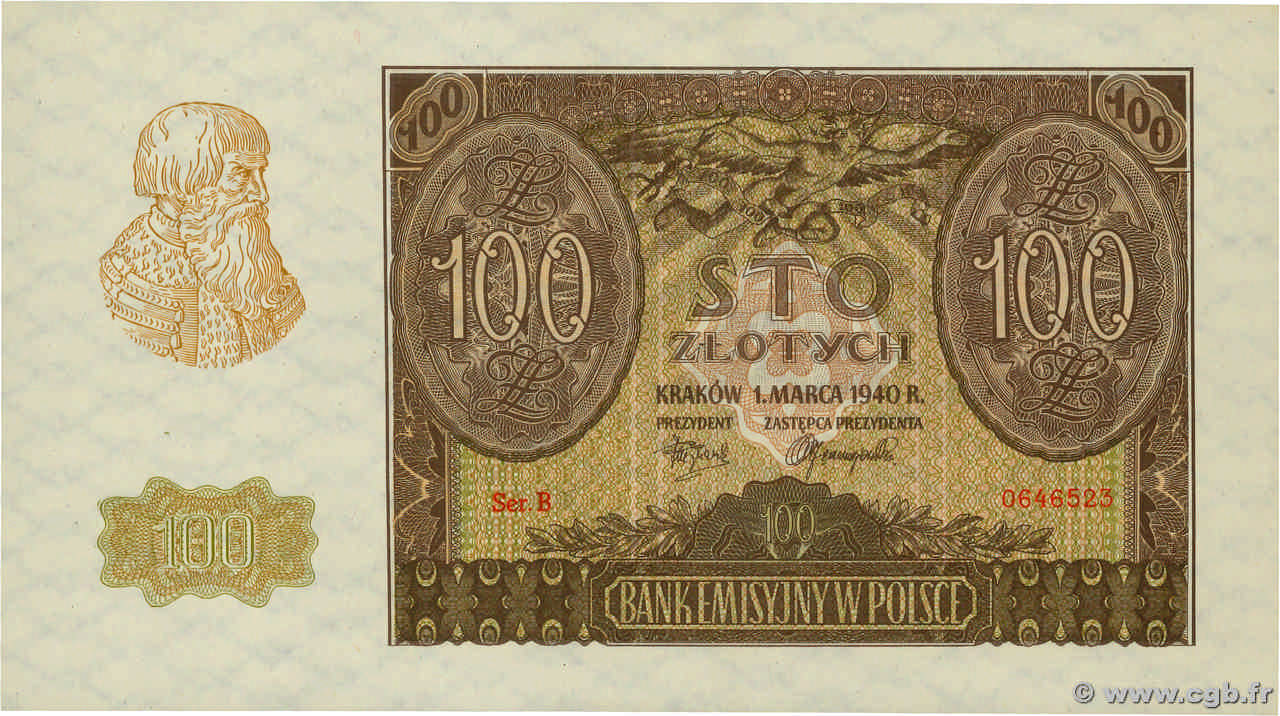 100 Zlotych POLOGNE  1940 P.097 NEUF