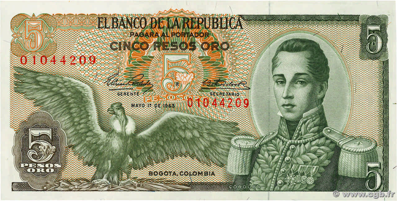 5 Pesos Oro COLOMBIA  1963 P.406a UNC-