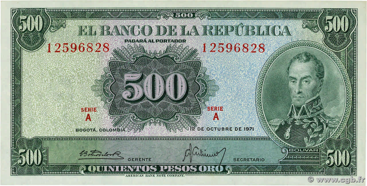 500 Pesos Oro COLOMBIE  1971 P.411b pr.NEUF