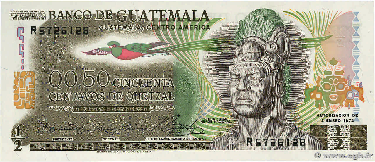 50 Centavos de Quetzal GUATEMALA  1974 P.058b UNC