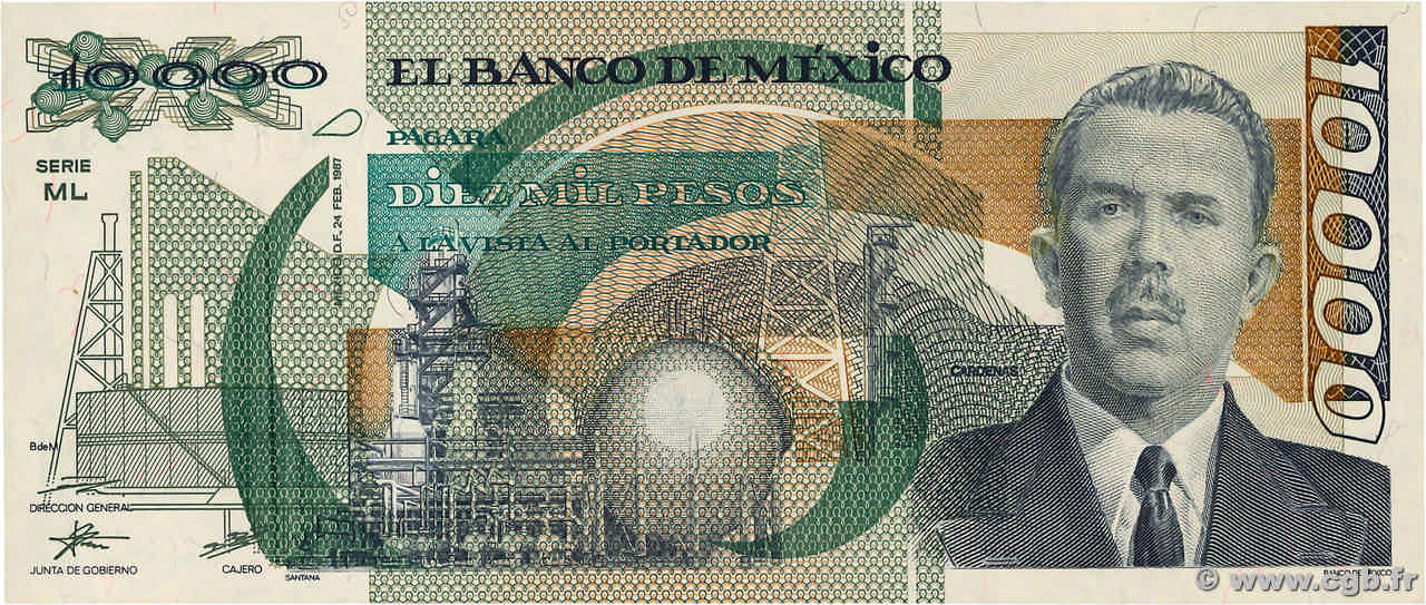 10000 Pesos MEXICO  1987 P.090a UNC-