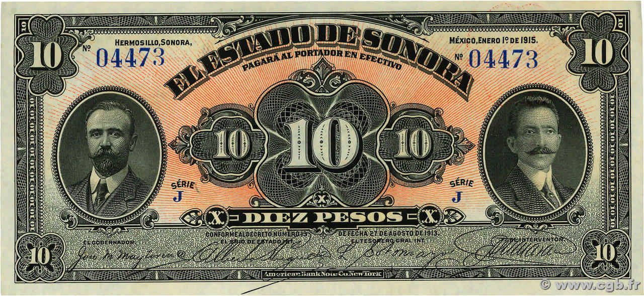 10 Pesos MEXICO Hermosillo 1915 PS.1073 UNC-