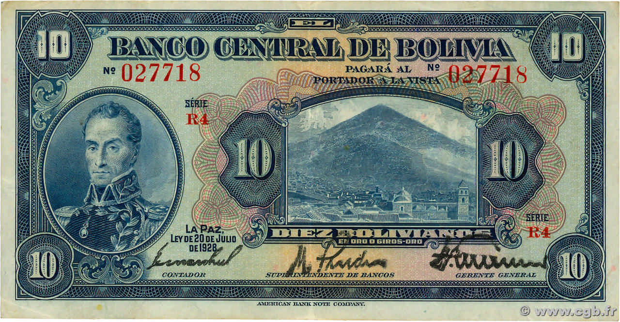 10 Bolivianos BOLIVIA  1928 P.121a VF+