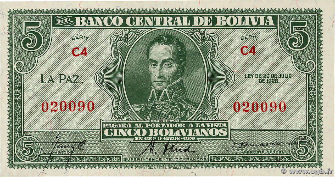 5 Bolivianos BOLIVIA  1928 P.129 UNC