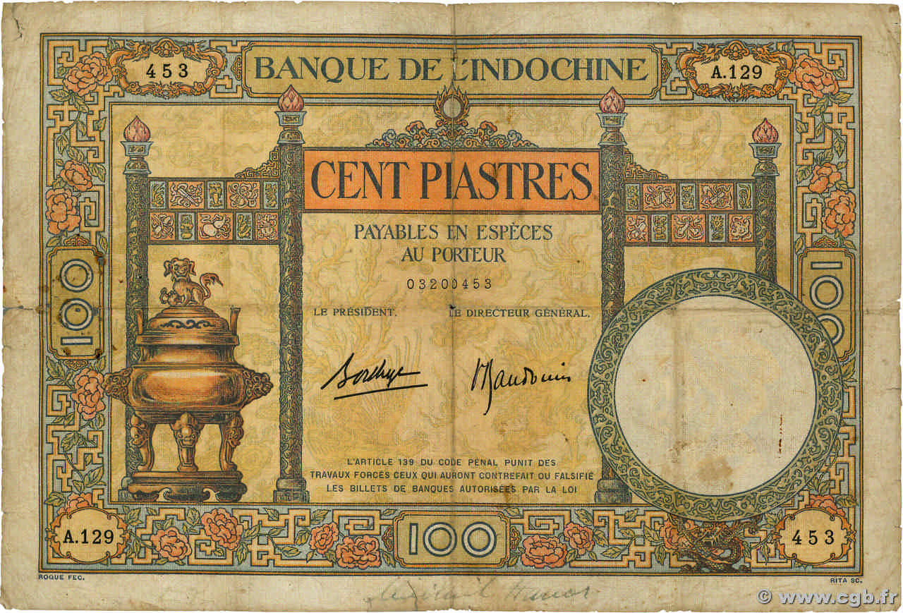 100 Piastres INDOCHINE FRANÇAISE  1936 P.051d B+