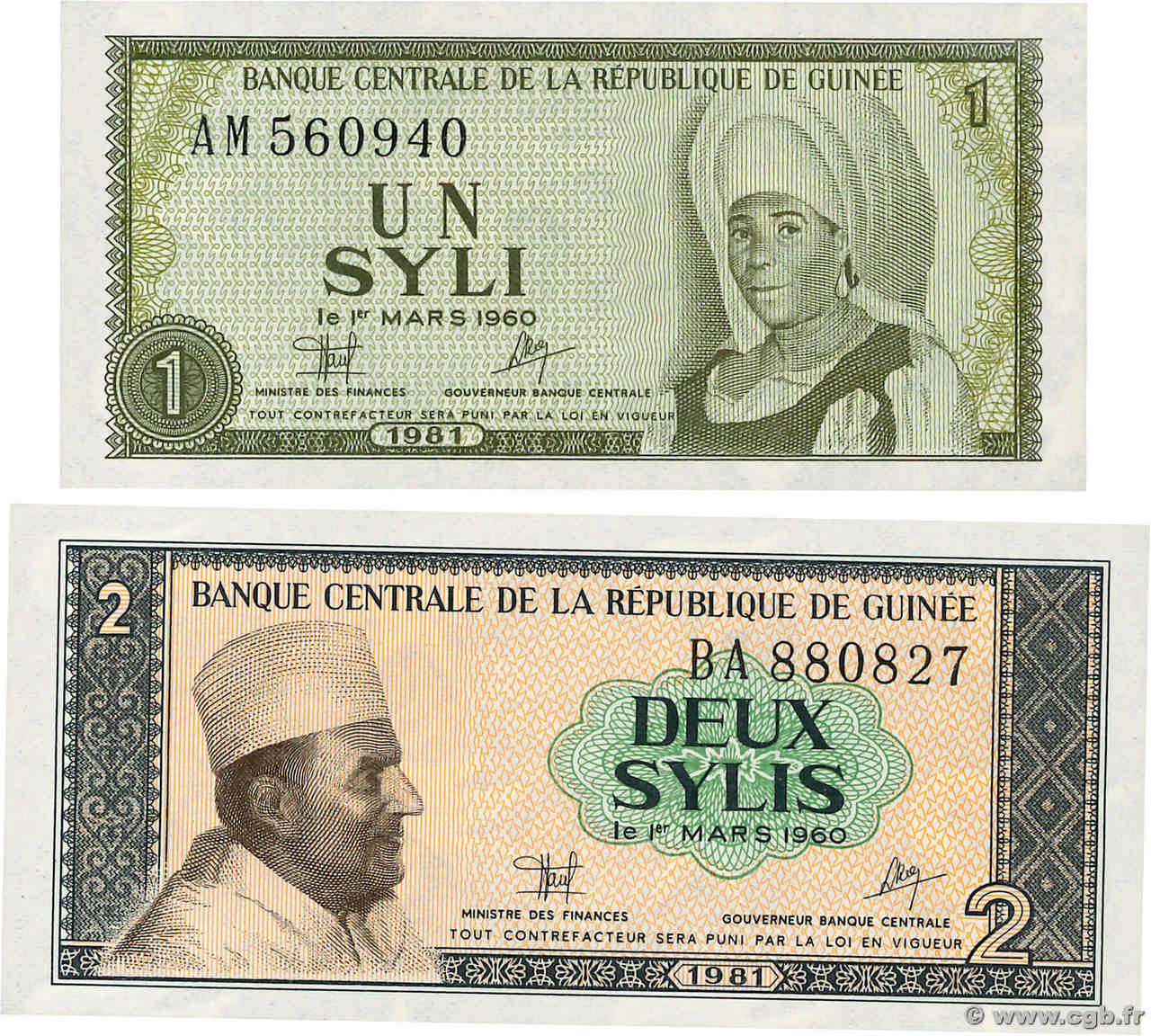 1 Syli  2 Sylis Lot GUINEA  1981 P.20 et 21 UNC