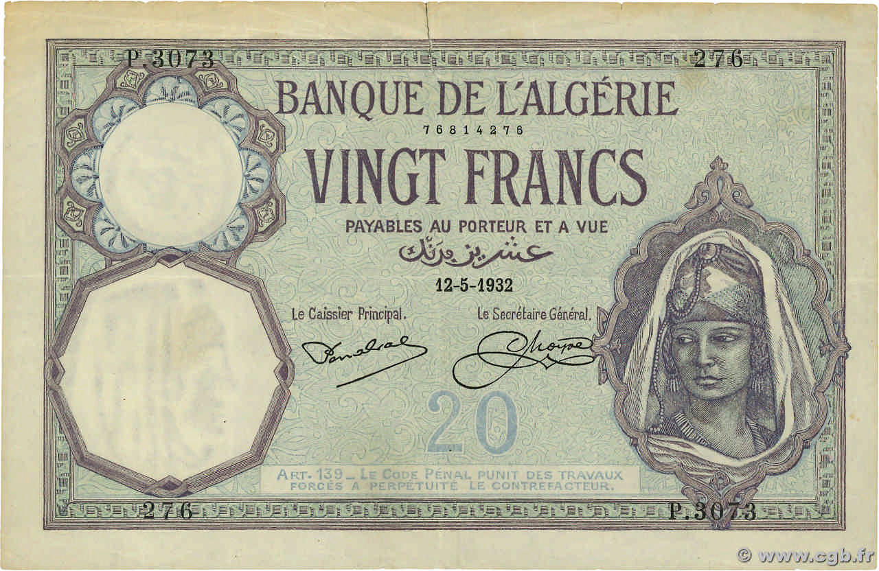 20 Francs ALGÉRIE  1932 P.078b TTB