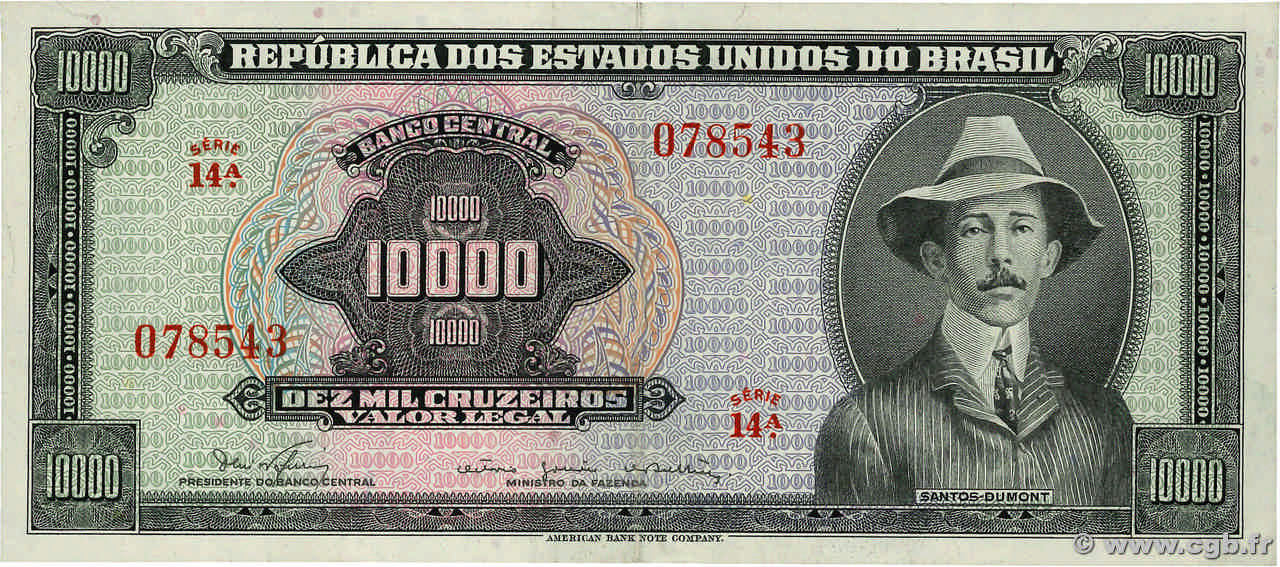 10000 Cruzeiros BRAZIL  1966 P.182Ba VF+