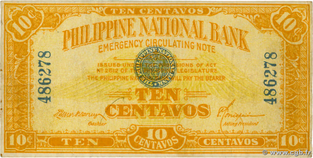10 Centavos PHILIPPINES  1917 P.039 TTB
