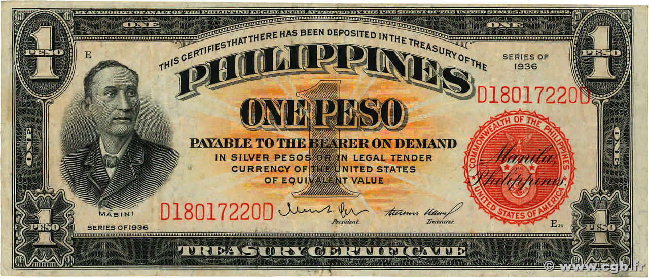 1 Peso PHILIPPINES  1936 P.081a VF