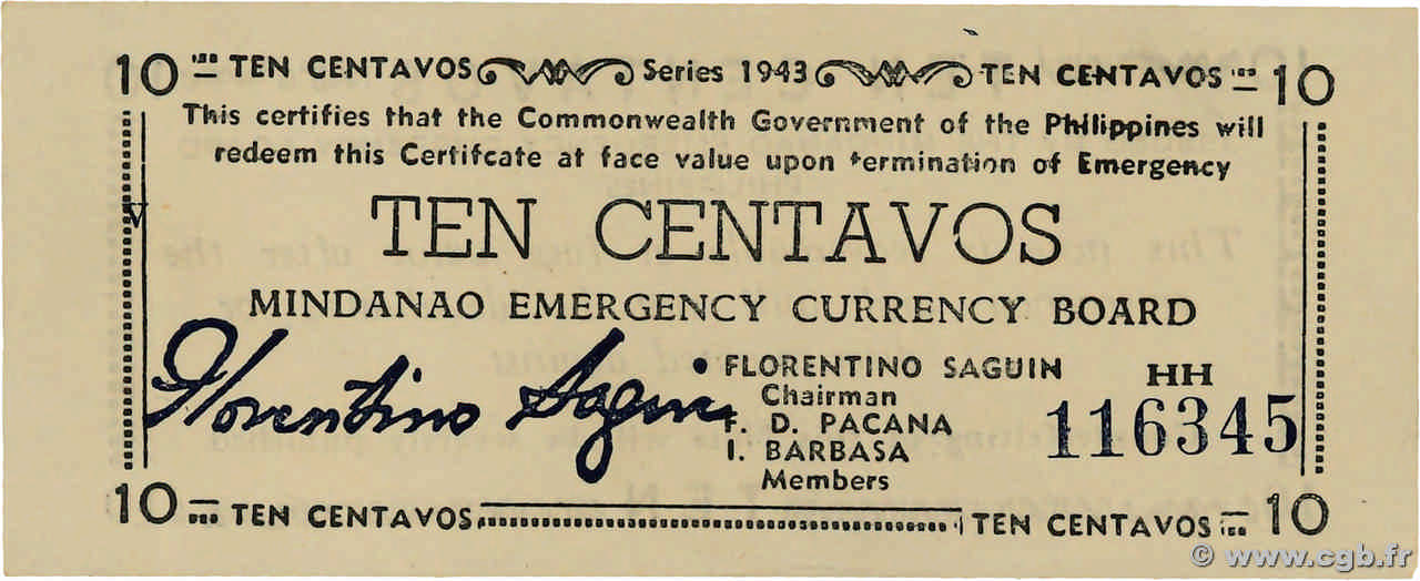 10 Centavos PHILIPPINES  1943 PS.512a pr.NEUF