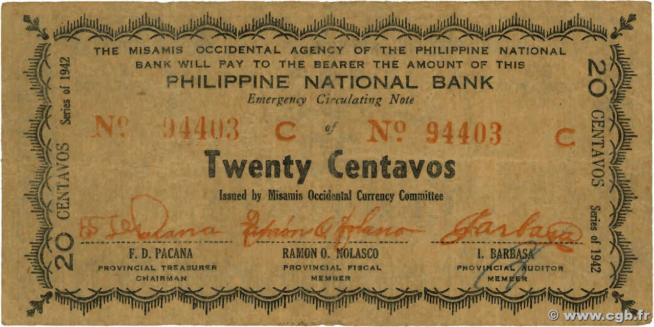 20 Centavos PHILIPPINES  1942 PS.574 TB