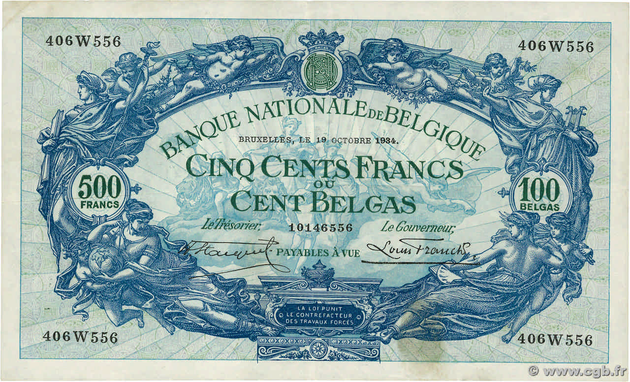 500 Francs - 100 Belgas BELGIQUE  1934 P.103a TTB