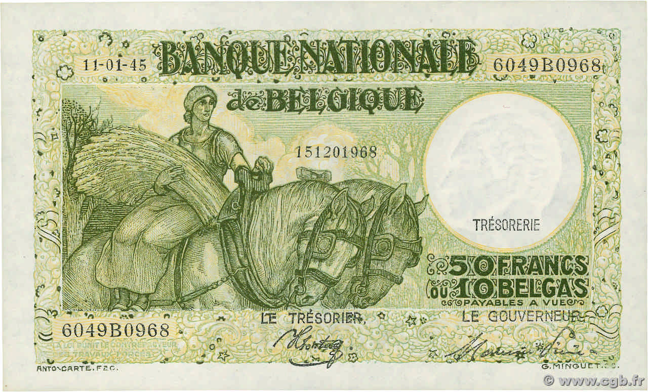 50 Francs - 10 Belgas BELGIEN  1945 P.106 fST+