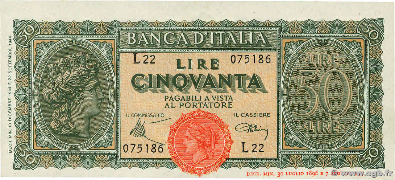 50 Lire ITALIE  1944 P.074 SUP