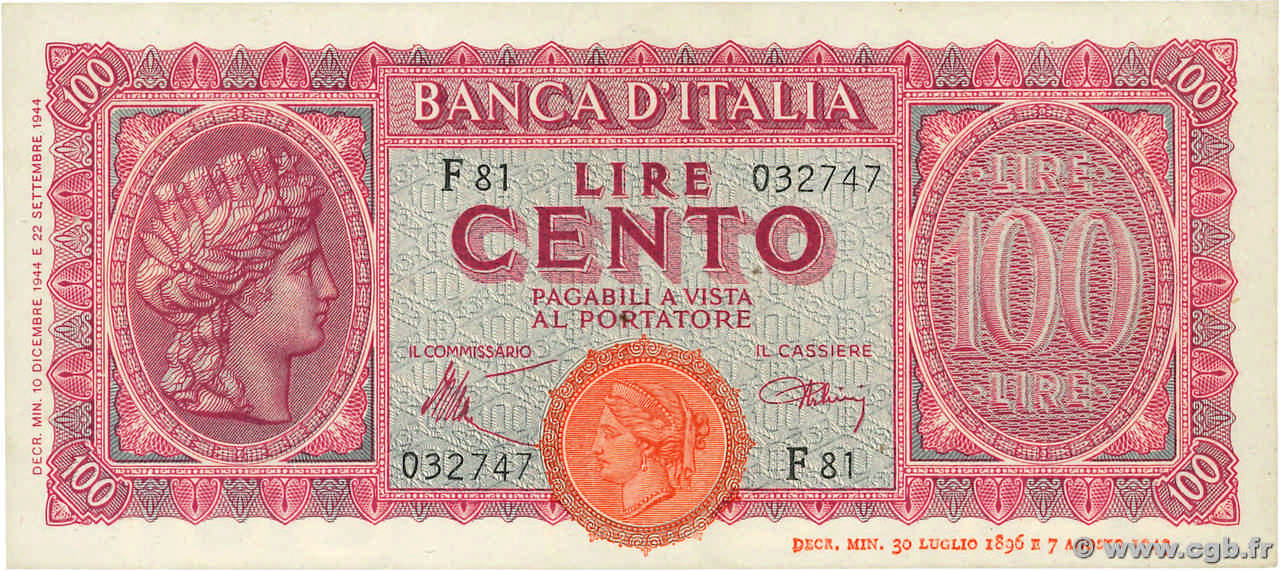 100 Lire ITALIE  1944 P.075a SPL