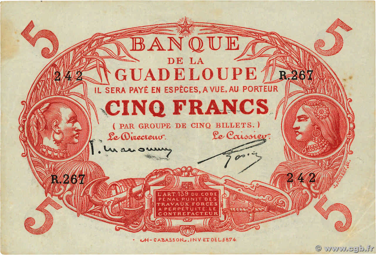 5 Francs Cabasson rouge GUADELOUPE  1943 P.07c TTB