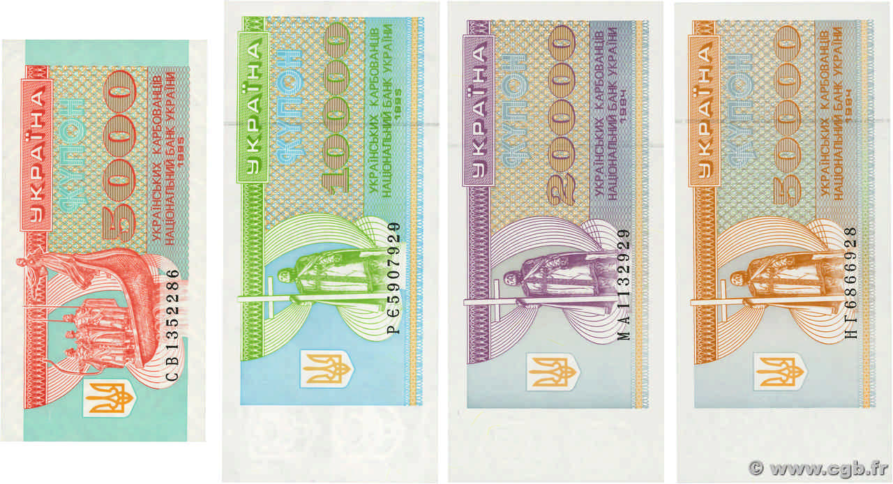 5000 10000  20000 et 50000 Karbovantsiv Lot UKRAINE  1995 P.093b au P.096b ST