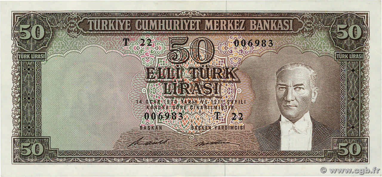 50 Lira TURQUIE  1970 P.187A pr.SPL