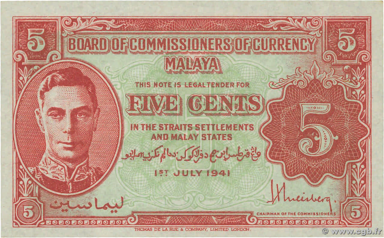 5 Cents MALAYA  1941 P.07b UNC