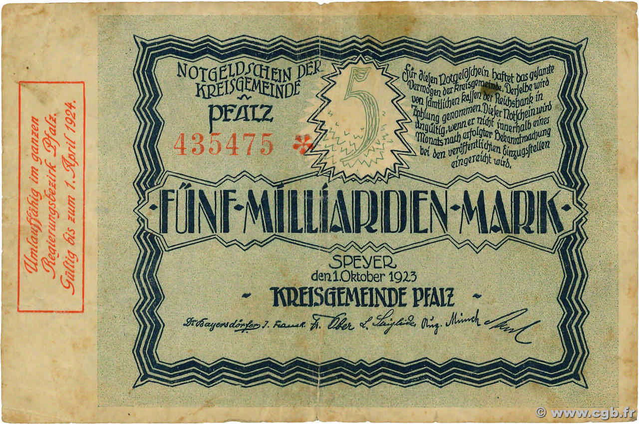 5 Milliard Mark GERMANY Pfalz 1923  F