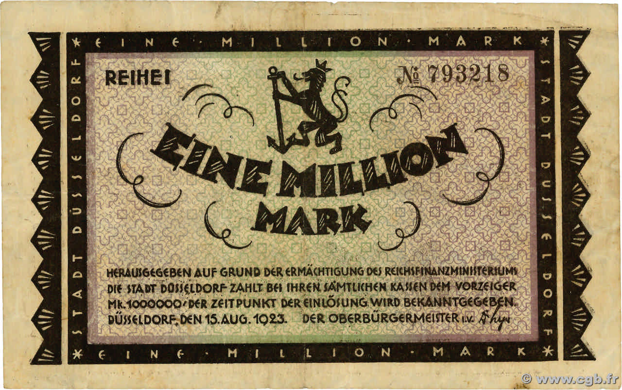 1 Million Mark ALLEMAGNE Düsseldorf 1923  TTB