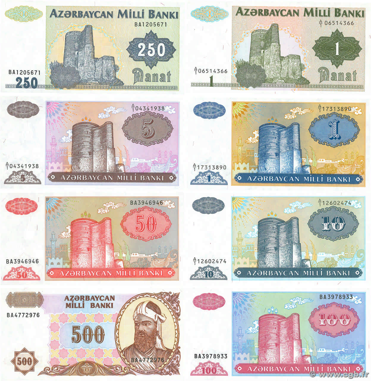 1 au 500 Manat Lot AZERBAIJAN  1993 P.11 P.13b et P.14 à P.19b UNC