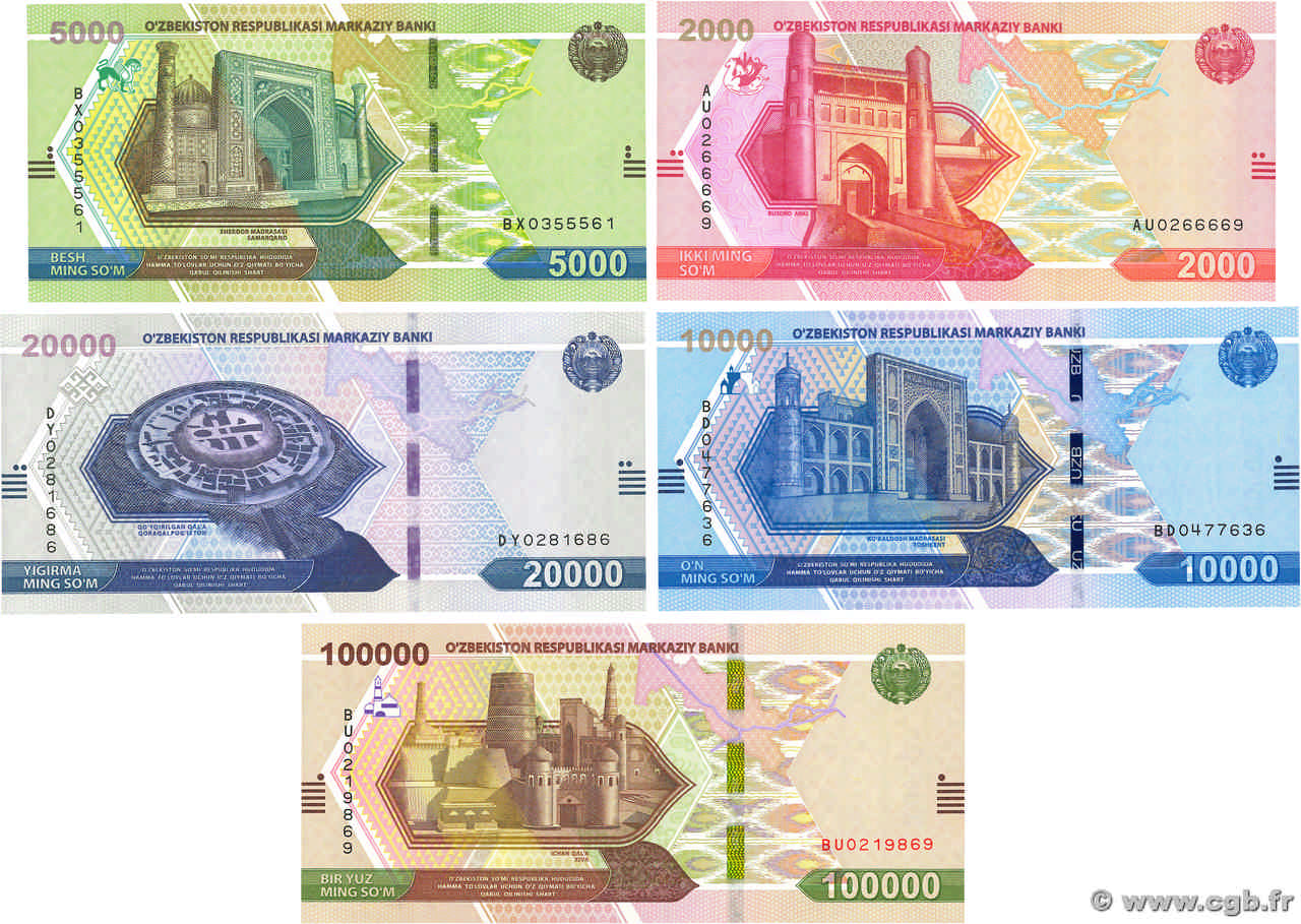 2000 au 100000 Sum Lot UZBEKISTAN  2021 P.87 P.88 P.89 P.90 et P.92 UNC
