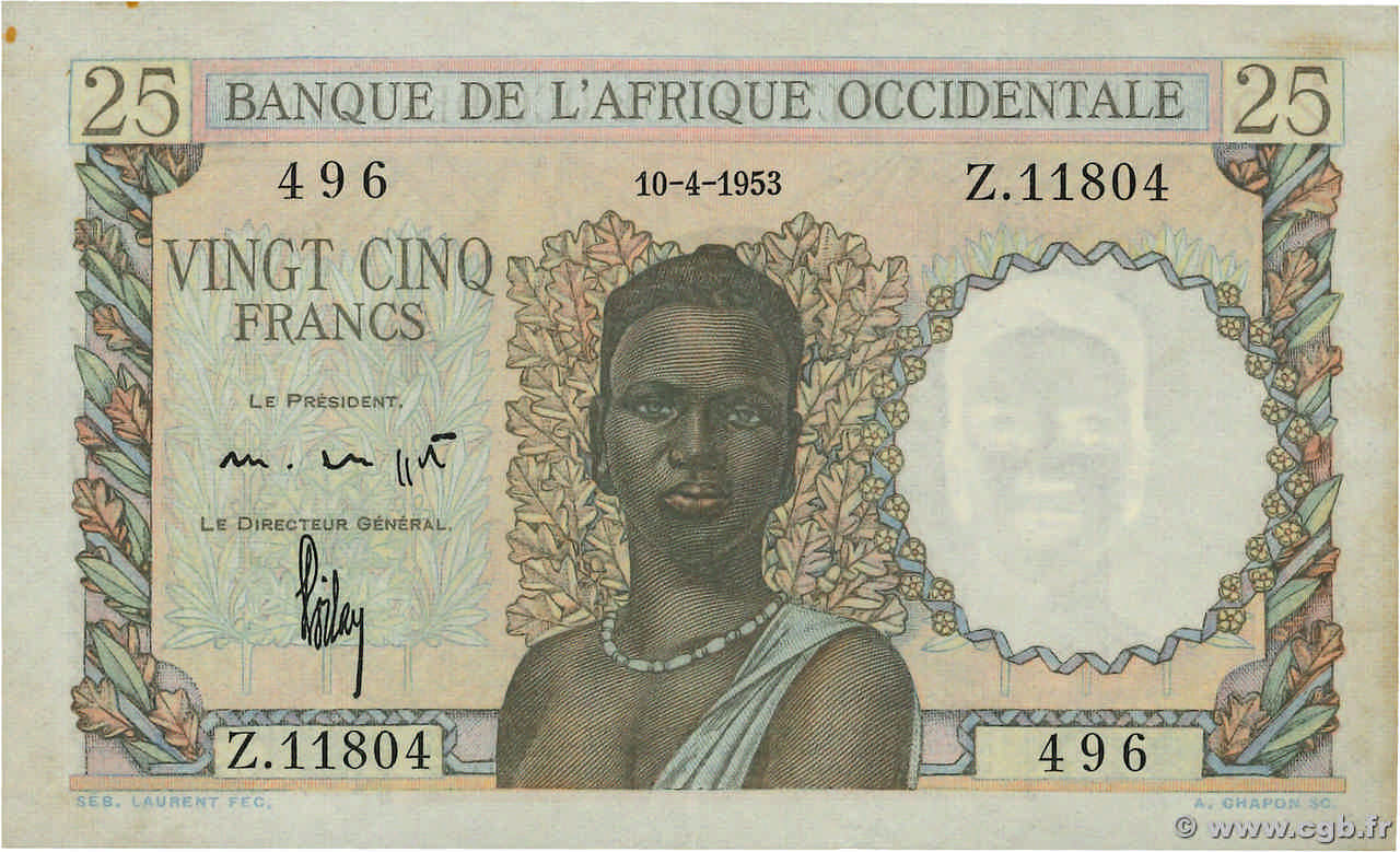 25 Francs AFRIQUE OCCIDENTALE FRANÇAISE (1895-1958)  1953 P.38 TTB