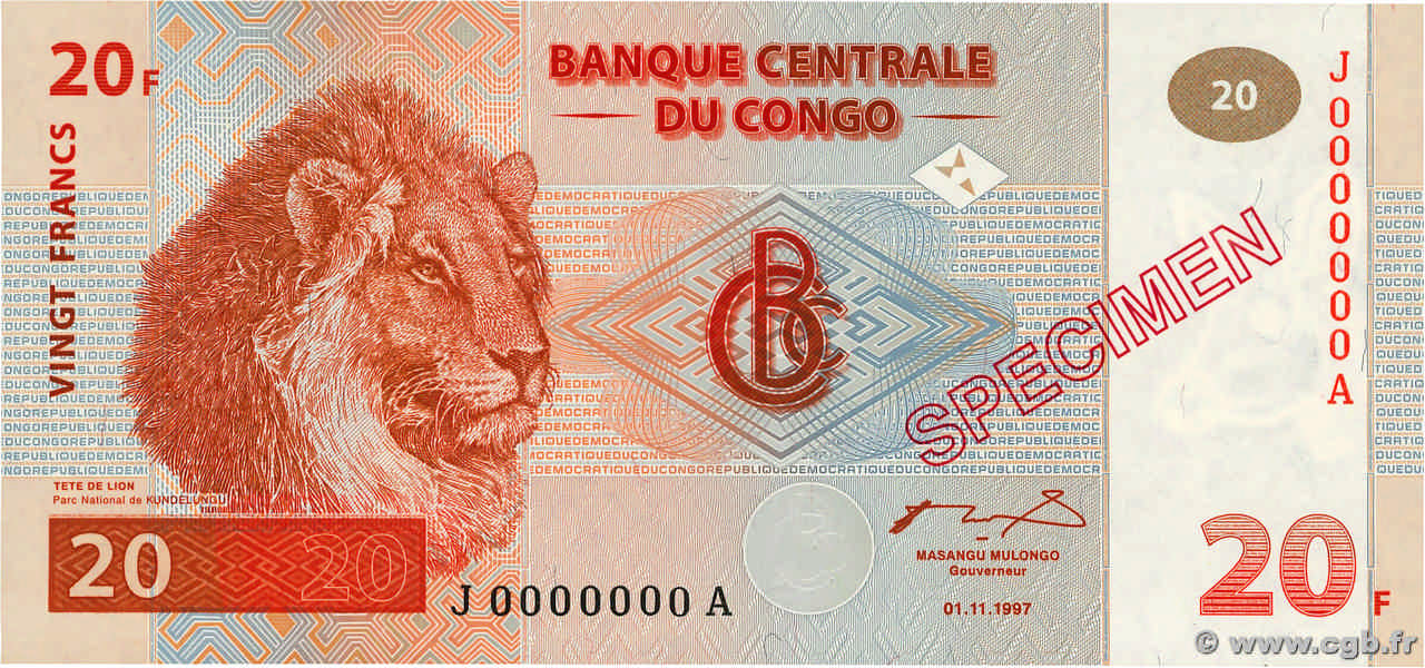 20 Francs Spécimen RÉPUBLIQUE DÉMOCRATIQUE DU CONGO  1997 P.088s NEUF