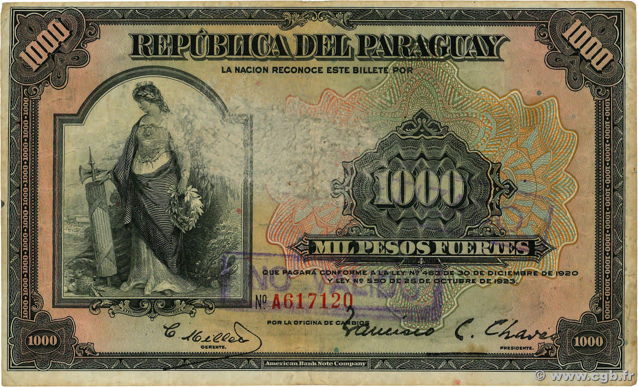 1000 Pesos Fuertes Annulé PARAGUAY  1923 P.155 fS