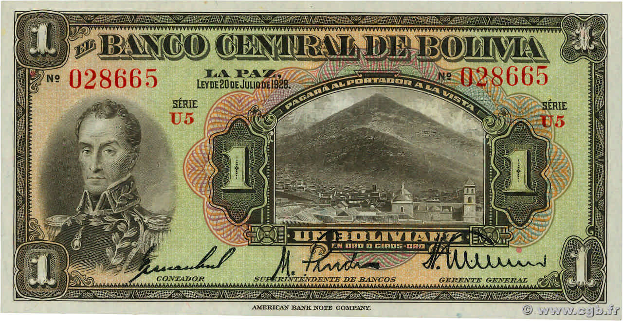 1 Boliviano BOLIVIA  1928 P.118a q.AU