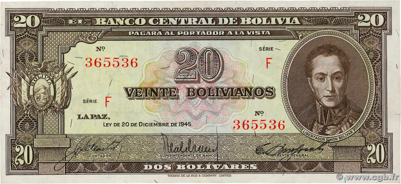 20 Bolivianos BOLIVIA  1945 P.140a XF+