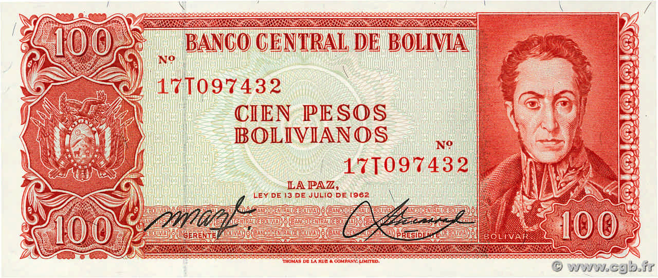 100 Pesos Bolivianos BOLIVIA  1962 P.164A FDC