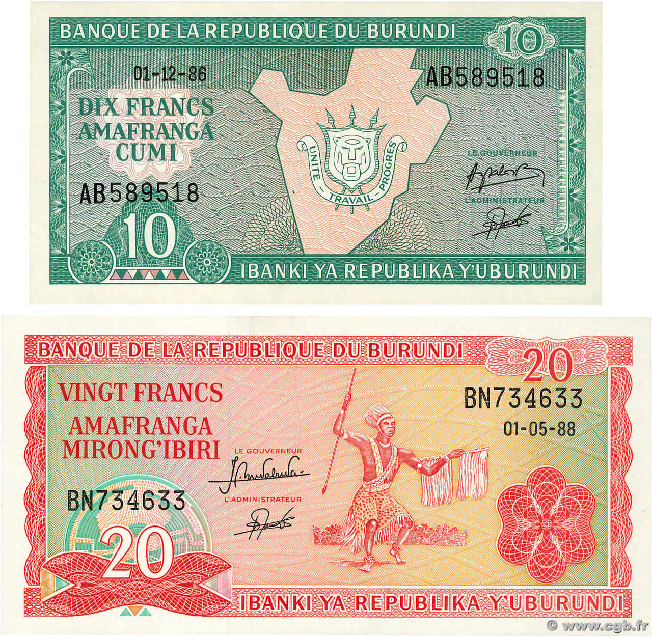10 et 20 Francs Lot BURUNDI  1986 P.33b et P.27b NEUF