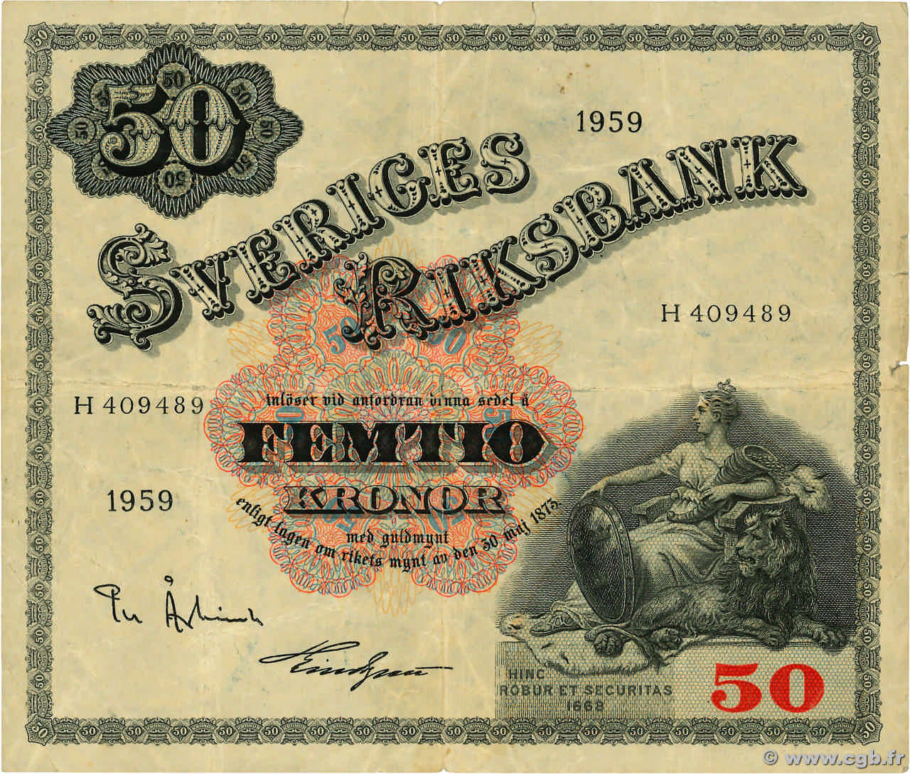 50 Kronor SUÈDE  1959 P.47a F+