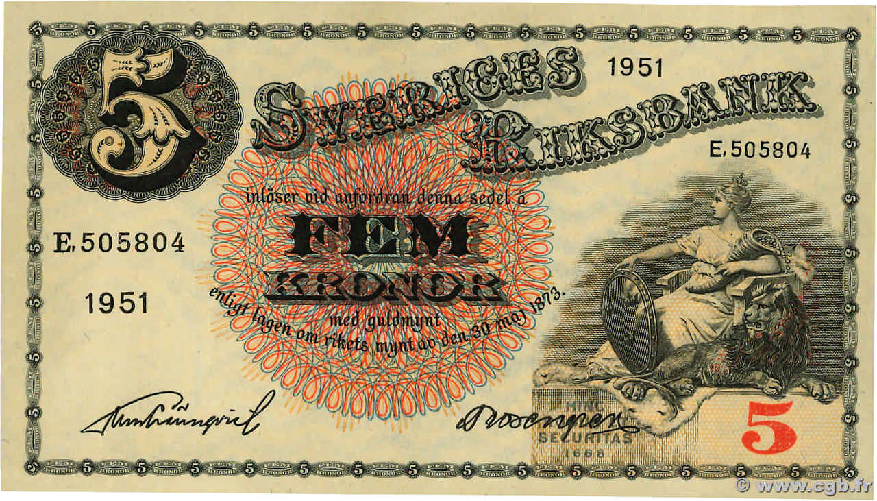 5 Kronor SWEDEN  1951 P.33ah AU