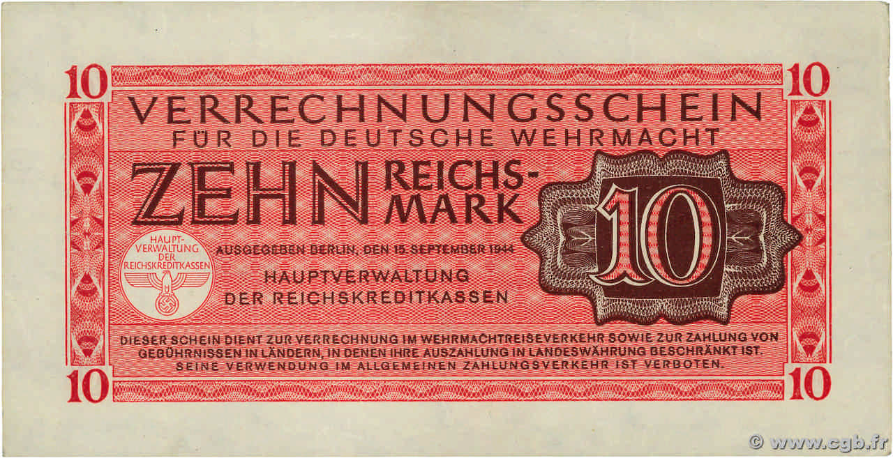 10 Reichsmark GERMANY  1944 P.M40 AU