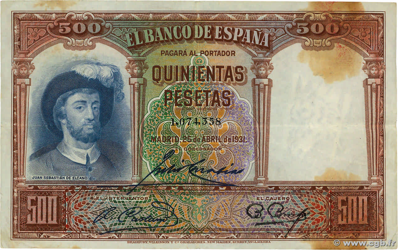 500 Pesetas SPAIN  1931 P.084 F+